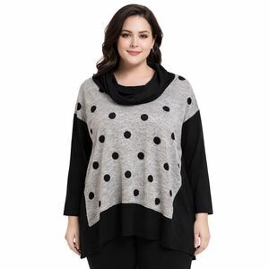 Ali Miles Tunic Shirt Womens 1X Gray Black Polka Dot Cowl Neck Dolman Sleeve Top